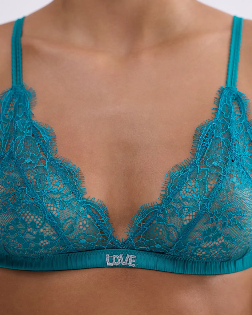 Delicate triangle bralette - LOVE LACE TEAL BLUE