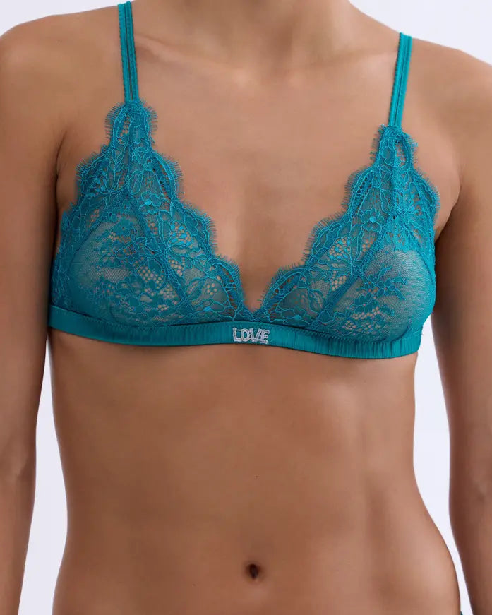 Delicate triangle bralette - LOVE LACE TEAL BLUE