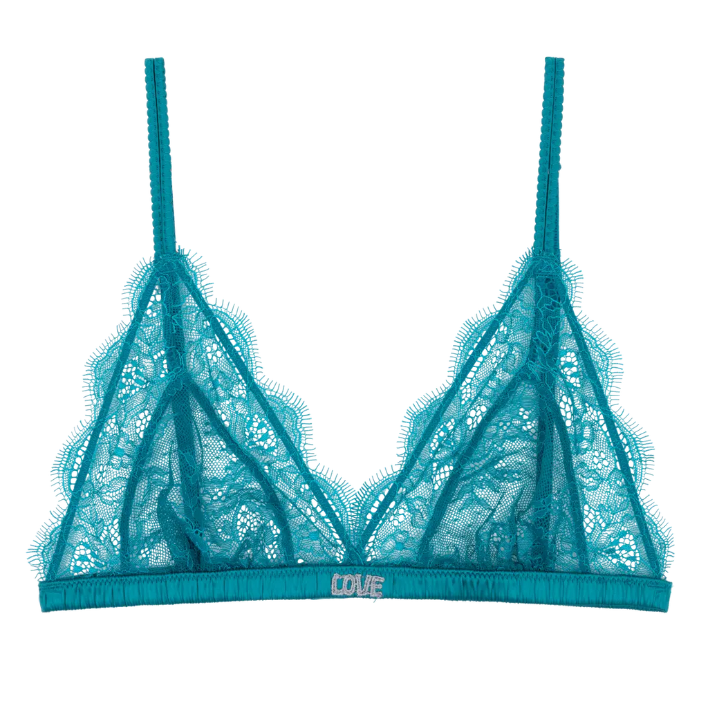 Delicate triangle bralette - LOVE LACE TEAL BLUE